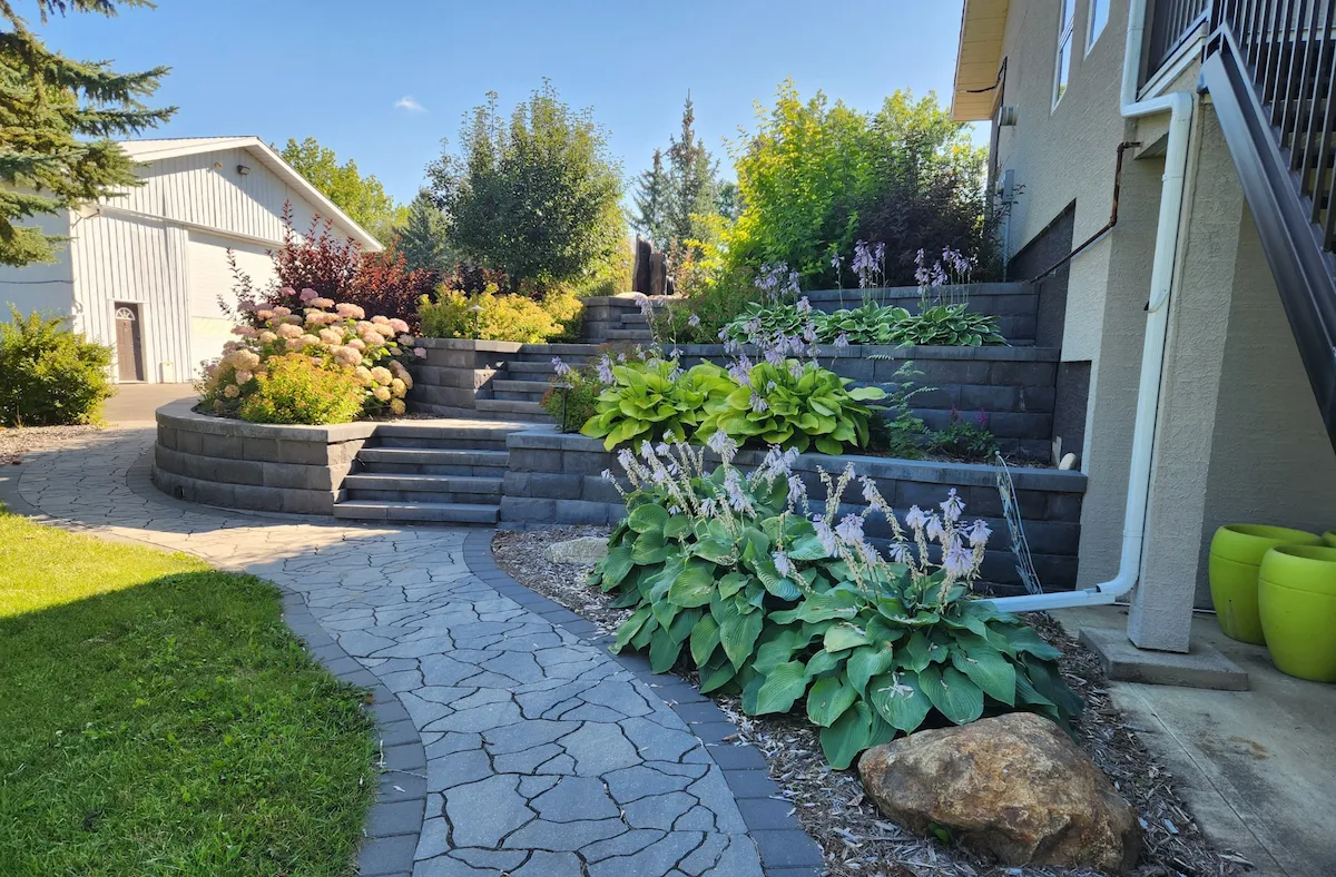 Keystone retaining wall with stairs, flagstone walkway and flourishing plants and shrubs.
